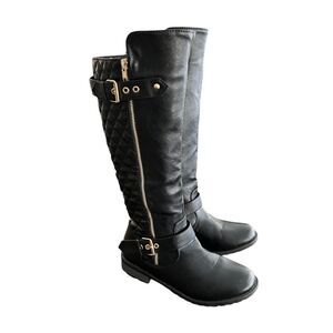 Cambridge Select Women's Riding Boots Black Block Heels Mid Calf Buckle Zip 7.5
